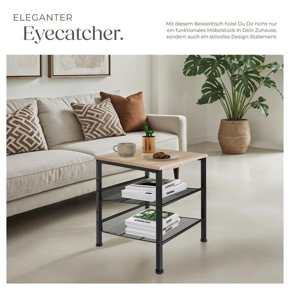 tectake Beistelltisch aus Holz und Metall, Nachttisch mit 2 Gitterablagen, Industrie-Design, für Wohnzimmer Schlafzimmer Büro Flur, schwarzes Metallgestell (Industrial Holz hell, Eiche Sonoma)