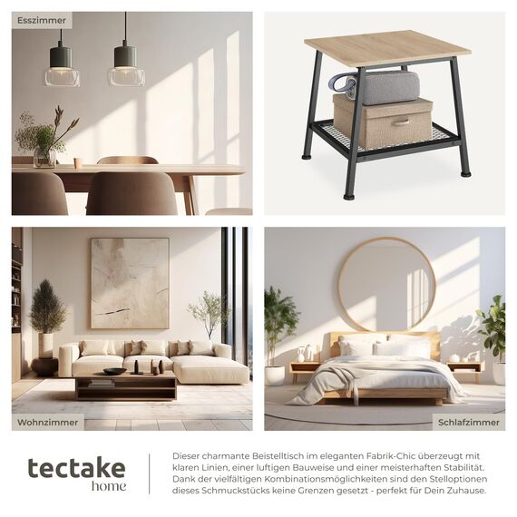tectake® Beistelltisch Holz Metall, Couchtisch mit Stauraum, Nachttisch mit Gitterablage, Wohnzimmertisch 45,5 x 45 x 47 cm, Blumenständer, Beistelltisch Couch - Industrial Holz hell, Eiche Sonoma