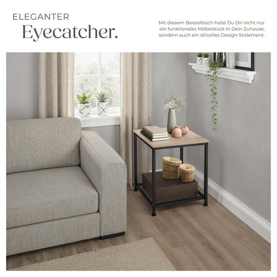 tectake® Beistelltisch Holz & Metall, Couchtisch mit Stauraum auf Zwei Ebenen, Kleiner Tisch 45,5 x 45,5 x 55,5 cm, Betttisch Deko Schlafzimmer, Couch Tisch, Industrial Holz hell, Eiche Sonoma