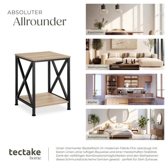 tectake® Industrial Möbel, Beistelltisch Holz und Metall, Schlafzimmer Nachttisch mit 2 Ebenen, Couchtisch mit X-Streben, Wohnzimmertisch, Beistelltisch Couch - Industrial Holz hell, Eiche Sonoma