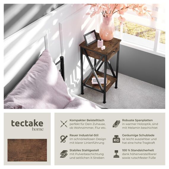 tectake® Industrial Möbel, Beistelltisch mit Schublade, Couchtisch mit Ablageflächen, Nachttisch schmal Schlafzimmer Deko,35 x 35 x 70,5 cm, Wohnzimmer Möbel - Industrial dunkel, rustikal