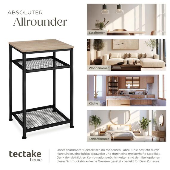 tectake® Beistelltisch Holz und Metall, Couchtisch mit Stauraum auf 3 Ebenen, Tisch Deko Wohnzimmer Möbel, Blumenständer, Deko Schlafzimmer, Beistelltisch Couch - Industrial Holz hell, Eiche Sonoma