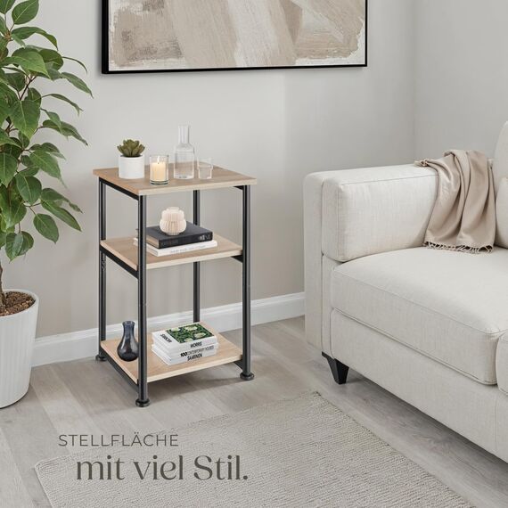 tectake® Beistelltisch, Couchtisch mit Stauraum auf 3 Ebenen aus Holz + Metall, Nachttisch 34 x 30 x 59 cm, Couch Tisch Wohnzimmer Möbel, Deko Schlafzimmer - Industrial Holz hell, Eiche Sonoma