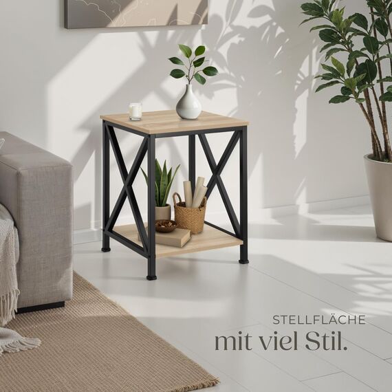 tectake® Industrial Möbel, Beistelltisch Holz und Metall, Schlafzimmer Nachttisch mit 2 Ebenen, Couchtisch mit X-Streben, Wohnzimmertisch, Beistelltisch Couch - Industrial Holz hell, Eiche Sonoma