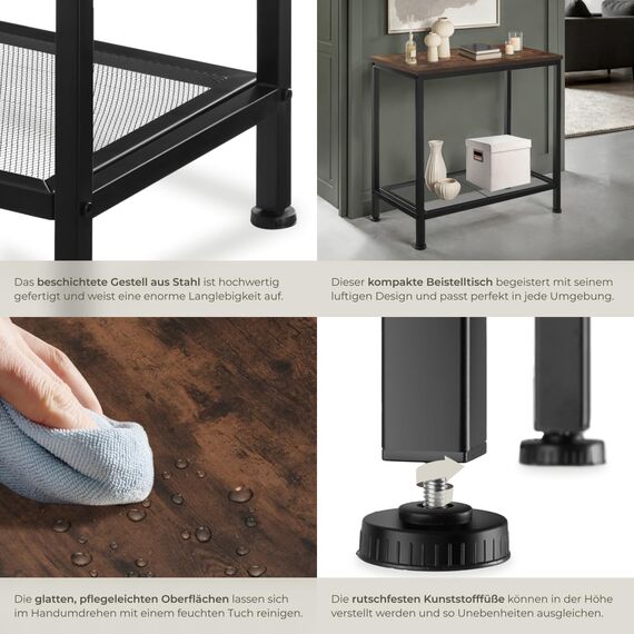 tectake® Beistelltisch Holz + Metall, Nachttisch schmal, Couchtisch mit Gitterablage, Konsolentisch, Tisch Wohnzimmer, Deko Schlafzimmer, Blumenständer - Industrial Holz dunkel, rustikal