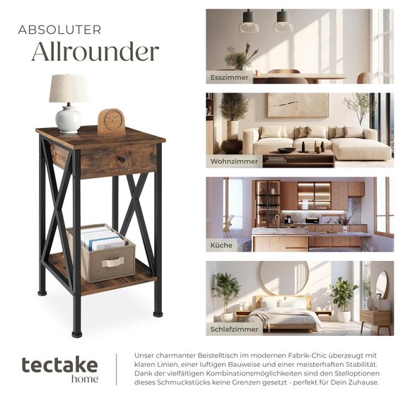 tectake® Industrial Möbel, Beistelltisch mit Schublade, Couchtisch mit Ablageflächen, Nachttisch schmal Schlafzimmer Deko,35 x 35 x 70,5 cm, Wohnzimmer Möbel - Industrial dunkel, rustikal