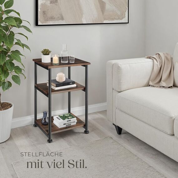 tectake® Beistelltisch, Couchtisch mit Stauraum auf 3 Ebenen aus Holz + Metall, Nachttisch 34 x 30 x 59 cm, Couch Tisch Wohnzimmer Möbel, Deko Schlafzimmer - Industrial Dunkelbraun