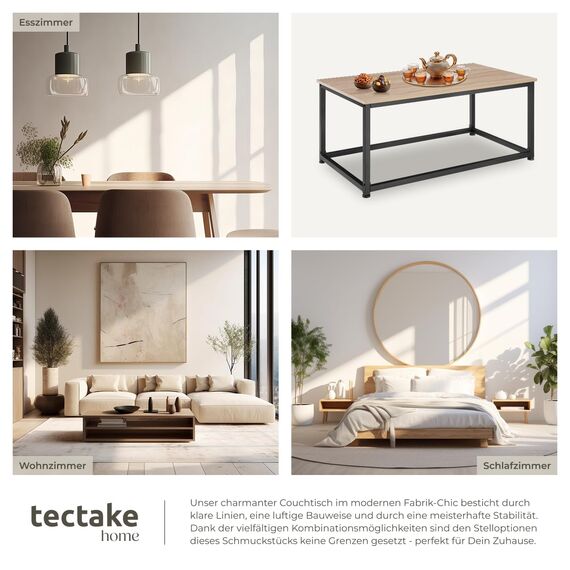 tectake® Couchtisch Holz und Metall, Wohnzimmertisch 100 x 55 x 45,5 cm, Sofa Tisch Wohnzimmer Möbel, Couch Tisch, Coffee Table, Zimmer Deko, Beistelltisch - Industrial Holz hell, Eiche Sonoma