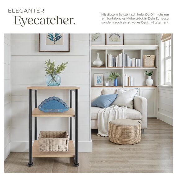 tectake® Beistelltisch, Couchtisch mit Stauraum auf 3 Ebenen aus Holz + Metall, Nachttisch 34 x 30 x 59 cm, Couch Tisch Wohnzimmer Möbel, Deko Schlafzimmer - Industrial Holz hell, Eiche Sonoma