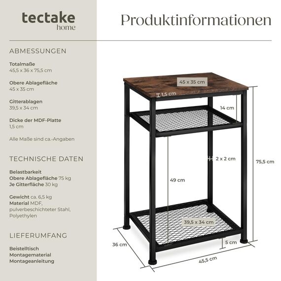 tectake® Beistelltisch Holz und Metall, Couchtisch mit Stauraum auf 3 Ebenen, Tisch Deko Wohnzimmer Möbel, Blumenständer, Deko Schlafzimmer, Beistelltisch Couch - Industrial Dunkelbraun