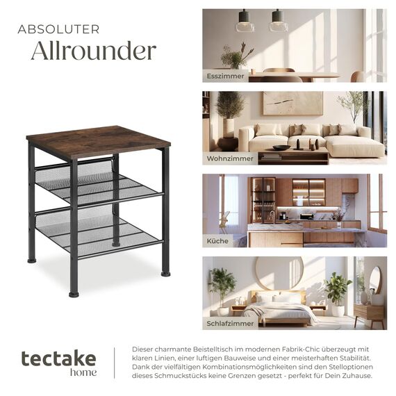 tectake® Beistelltisch Holz und Metall, Schlafzimmer Nachttisch mit 3 Ebenen, 2 Gitterablagen, Couchtisch, Wohnzimmertisch, Beistelltisch Couch - Industrial Holz dunkel, rustikal