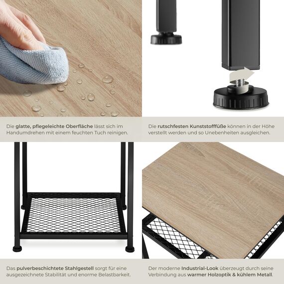 tectake® Beistelltisch Holz und Metall, Couchtisch mit Stauraum auf 3 Ebenen, Tisch Deko Wohnzimmer Möbel, Blumenständer, Deko Schlafzimmer, Beistelltisch Couch - Industrial Holz hell, Eiche Sonoma