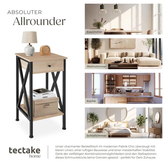 tectake® Industrial Möbel, Beistelltisch mit Schublade, Couchtisch mit Ablageflächen, Nachttisch schmal Schlafzimmer Deko,35 x 35 x 70,5 cm, Wohnzimmer Möbel - Industrial Holz hell, Eiche Sonoma