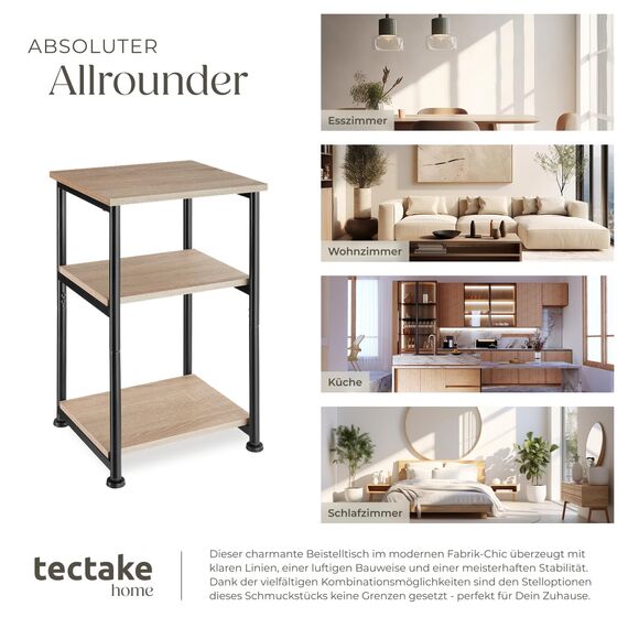 tectake® Beistelltisch, Couchtisch mit Stauraum auf 3 Ebenen aus Holz + Metall, Nachttisch 34 x 30 x 59 cm, Couch Tisch Wohnzimmer Möbel, Deko Schlafzimmer - Industrial Holz hell, Eiche Sonoma