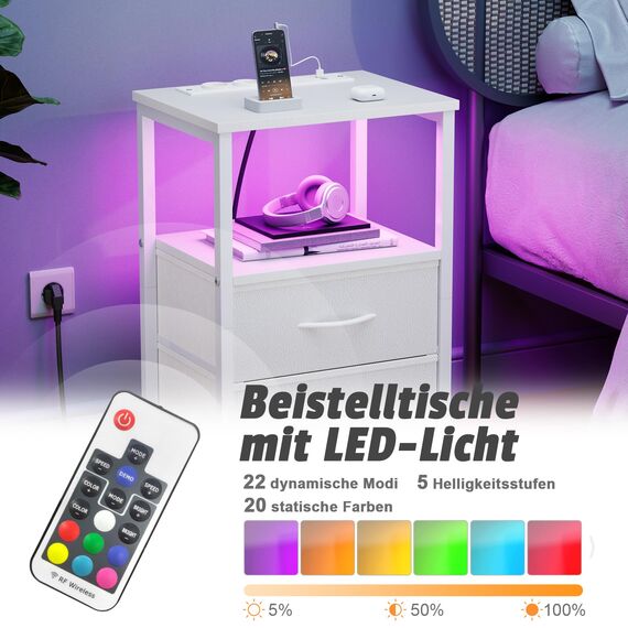 Yornoli Nachttisch mit LED & Ladefunktion, Beistelltisch mit Schublade, Nachttische mit 3 AC-Anschlüsse & 2 USB-Anschlüssen, Beistelltische fürs Wohnzimmer, Schlafzimmer, Weiß
