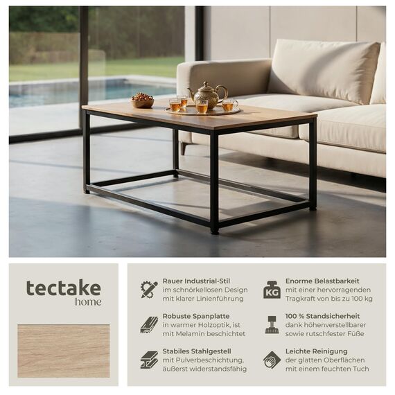 tectake® Couchtisch Holz und Metall, Wohnzimmertisch 100 x 55 x 45,5 cm, Sofa Tisch Wohnzimmer Möbel, Couch Tisch, Coffee Table, Zimmer Deko, Beistelltisch - Industrial Holz hell, Eiche Sonoma