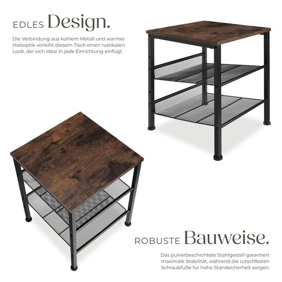 tectake® Beistelltisch Holz und Metall, Schlafzimmer Nachttisch mit 3 Ebenen, 2 Gitterablagen, Couchtisch, Wohnzimmertisch, Beistelltisch Couch - Industrial Holz dunkel, rustikal