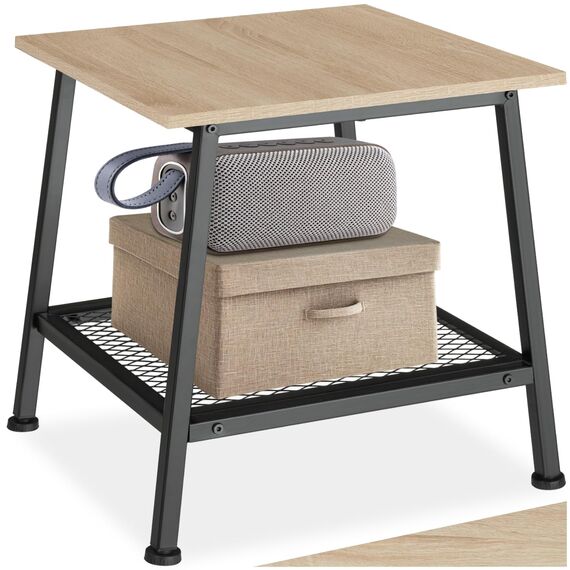 tectake® Beistelltisch Holz Metall, Couchtisch mit Stauraum, Nachttisch mit Gitterablage, Wohnzimmertisch 45,5 x 45 x 47 cm, Blumenständer, Beistelltisch Couch - Industrial Holz hell, Eiche Sonoma