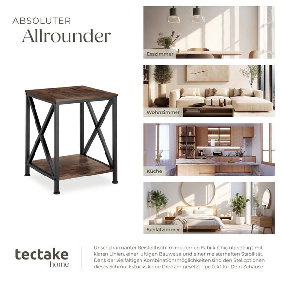 tectake® Industrial Möbel, Beistelltisch Holz und Metall, Schlafzimmer Nachttisch mit 2 Ebenen, Couchtisch mit X-Streben, Wohnzimmertisch, Beistelltisch Couch - Industrial Holz dunkel, rustikal