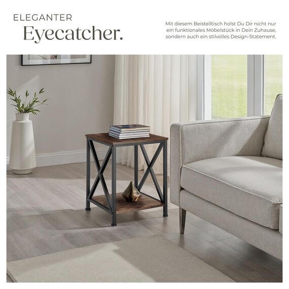 tectake® Industrial Möbel, Beistelltisch Holz und Metall, Schlafzimmer Nachttisch mit 2 Ebenen, Couchtisch mit X-Streben, Wohnzimmertisch, Beistelltisch Couch - Industrial Holz dunkel, rustikal