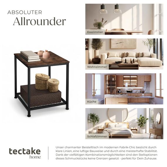 tectake® Beistelltisch Holz & Metall, Couchtisch mit Stauraum auf Zwei Ebenen, Kleiner Tisch 45,5 x 45,5 x 55,5 cm, Betttisch Deko Schlafzimmer, Couch Tisch, Industrial Dunkelbraun