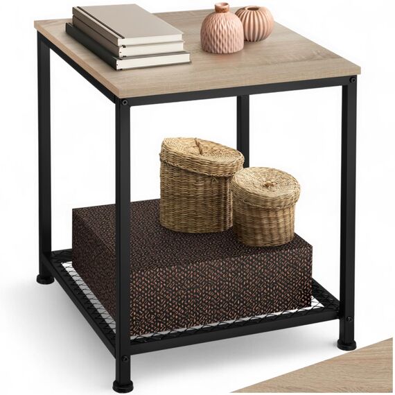 tectake® Beistelltisch Holz & Metall, Couchtisch mit Stauraum auf Zwei Ebenen, Kleiner Tisch 45,5 x 45,5 x 55,5 cm, Betttisch Deko Schlafzimmer, Couch Tisch, Industrial Holz hell, Eiche Sonoma