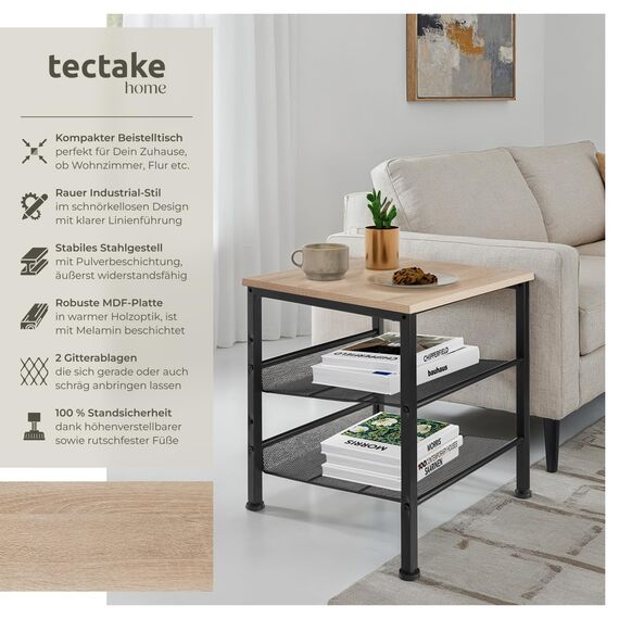 tectake Beistelltisch aus Holz und Metall, Nachttisch mit 2 Gitterablagen, Industrie-Design, für Wohnzimmer Schlafzimmer Büro Flur, schwarzes Metallgestell (Industrial Holz hell, Eiche Sonoma)