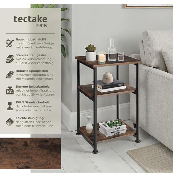 tectake® Beistelltisch, Couchtisch mit Stauraum auf 3 Ebenen aus Holz + Metall, Nachttisch 34 x 30 x 59 cm, Couch Tisch Wohnzimmer Möbel, Deko Schlafzimmer - Industrial Dunkelbraun