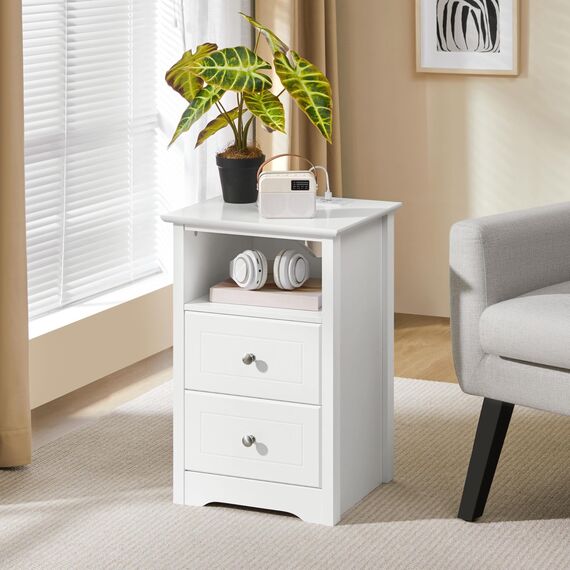 Yaheetech Nachttische 2er Set Beistelltisch mit Ladestation und 2 Schubladen Moderner Nachtschrank Holz Couchtisch Sofatisch für Schlafzimmer, Wohnzimmer, Weiß