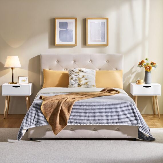 Yaheetech 2X Nachttisch Beistelltisch Nachtschrank mit Schublade und 4 Holzbeinen Skandinavischer Sofatisch aus Holz Nachtkommode für Schlafzimmer/Wohnzimmer, Weiß