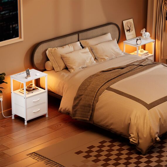 Yornoli Nachttisch 2er Set mit LED & Ladefunktion, Beistelltisch mit Schublade, Nachttische mit 3 AC-Anschlüsse & 2 USB-Anschlüssen, Beistelltische fürs Wohnzimmer, Schlafzimmer, Weiß
