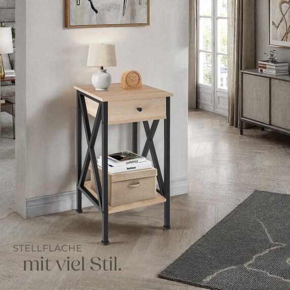 tectake® Industrial Möbel, Beistelltisch mit Schublade, Couchtisch mit Ablageflächen, Nachttisch schmal Schlafzimmer Deko,35 x 35 x 70,5 cm, Wohnzimmer Möbel - Industrial Holz hell, Eiche Sonoma