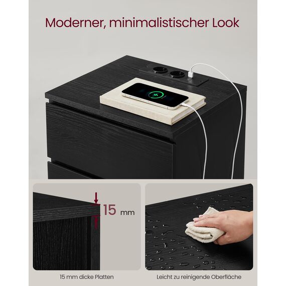 VASAGLE Kailyn Kollektion - Nachttisch mit Steckdosenleiste, 2er Set, Beistelltisch, 3 Schubladen, 2 AC-Steckdosen, 2 USB-A-Anschlüsse, modern, ebenholzschwarz LET831B56