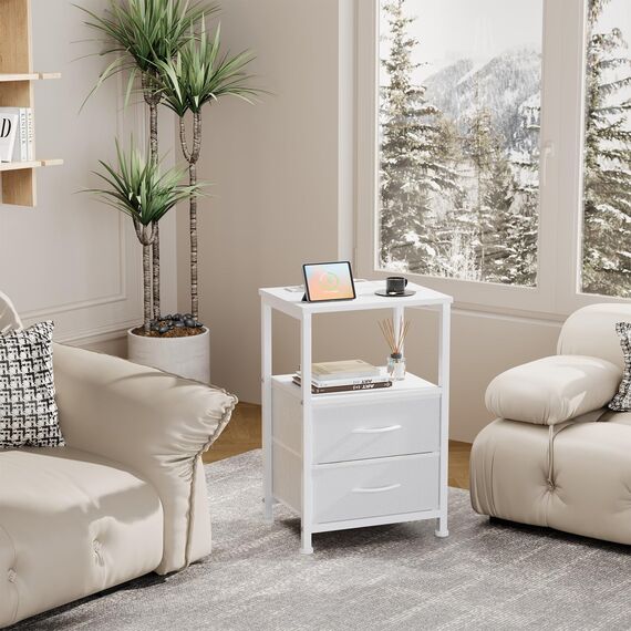 Yornoli Nachttisch mit LED & Ladefunktion, Beistelltisch mit Schublade, Nachttische mit 3 AC-Anschlüsse & 2 USB-Anschlüssen, Beistelltische fürs Wohnzimmer, Schlafzimmer, Weiß