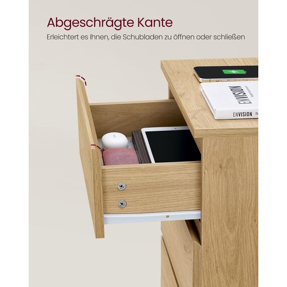 VASAGLE Kailyn Kollektion - Nachttisch mit Steckdosenleiste, 2er Set, Beistelltisch, 3 Schubladen, 2 AC-Steckdosen, 2 USB-A-Anschlüsse, modern, strohgelb LET831Y70