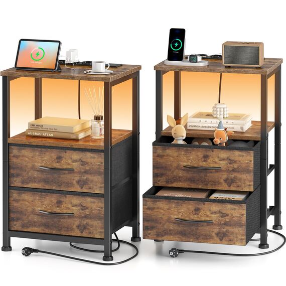 Yornoli Nachttisch 2er Set mit LED & Ladefunktion, Beistelltisch mit Schublade, Nachttische mit 3 AC-Anschlüsse & 2 USB-Anschlüssen, Beistelltische fürs Wohnzimmer, Schlafzimmer, Vintage Braun