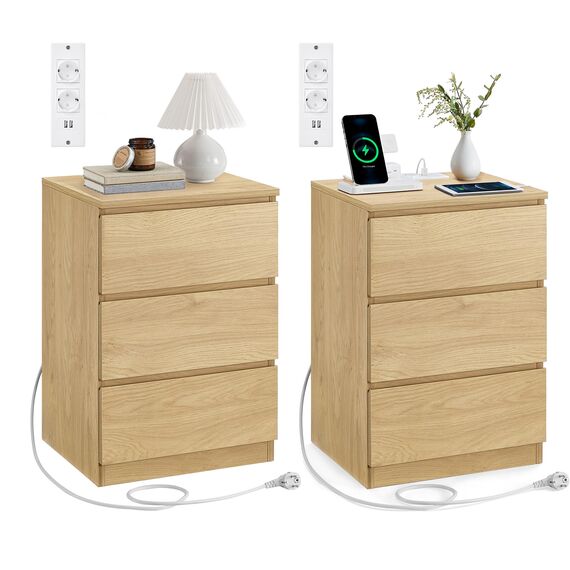 VASAGLE Kailyn Kollektion - Nachttisch mit Steckdosenleiste, 2er Set, Beistelltisch, 3 Schubladen, 2 AC-Steckdosen, 2 USB-A-Anschlüsse, modern, strohgelb LET831Y70