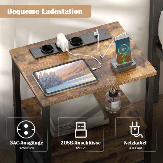 Yornoli Nachttisch 2er Set mit LED & Ladefunktion, Beistelltisch mit Schublade, Nachttische mit 3 AC-Anschlüsse & 2 USB-Anschlüssen, Beistelltische fürs Wohnzimmer, Schlafzimmer, Vintage Braun