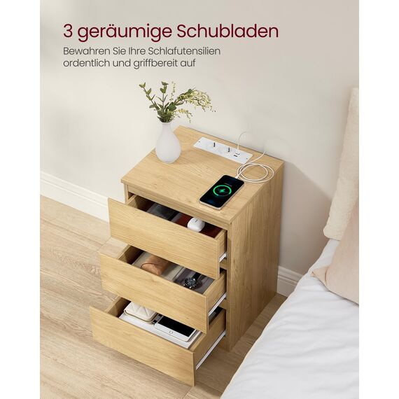 VASAGLE Kailyn Kollektion - Nachttisch mit Steckdosenleiste, 2er Set, Beistelltisch, 3 Schubladen, 2 AC-Steckdosen, 2 USB-A-Anschlüsse, modern, strohgelb LET831Y70
