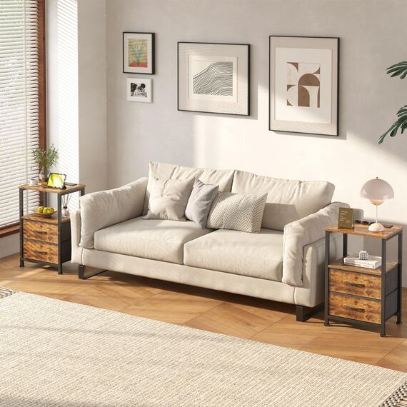 Yornoli Nachttisch 2er Set mit LED & Ladefunktion, Beistelltisch mit Schublade, Nachttische mit 3 AC-Anschlüsse & 2 USB-Anschlüssen, Beistelltische fürs Wohnzimmer, Schlafzimmer, Vintage Braun