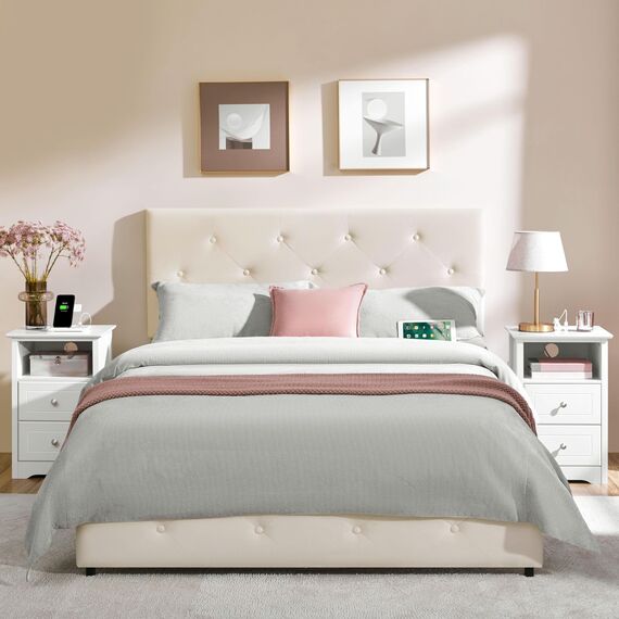 Yaheetech Nachttische 2er Set Beistelltisch mit Ladestation und 2 Schubladen Moderner Nachtschrank Holz Couchtisch Sofatisch für Schlafzimmer, Wohnzimmer, Weiß