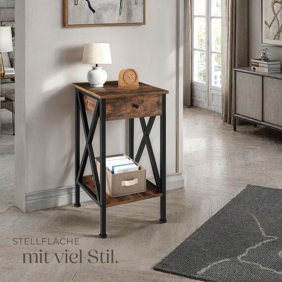 tectake® Industrial Möbel, Beistelltisch mit Schublade, Couchtisch mit Ablageflächen, Nachttisch schmal Schlafzimmer Deko,35 x 35 x 70,5 cm, Wohnzimmer Möbel - Industrial dunkel, rustikal