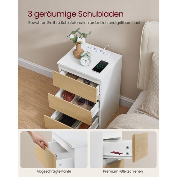 VASAGLE Kailyn Collection - Nachttisch mit Steckdosenleiste, 2er Set, Beistelltisch, 3 Schubladen, 2 AC-Steckdosen, 2 USB-A-Anschlüsse, modern, wolkenweiß-mandelgelb LET831Y01