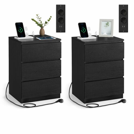 VASAGLE Kailyn Kollektion - Nachttisch mit Steckdosenleiste, 2er Set, Beistelltisch, 3 Schubladen, 2 AC-Steckdosen, 2 USB-A-Anschlüsse, modern, ebenholzschwarz LET831B56