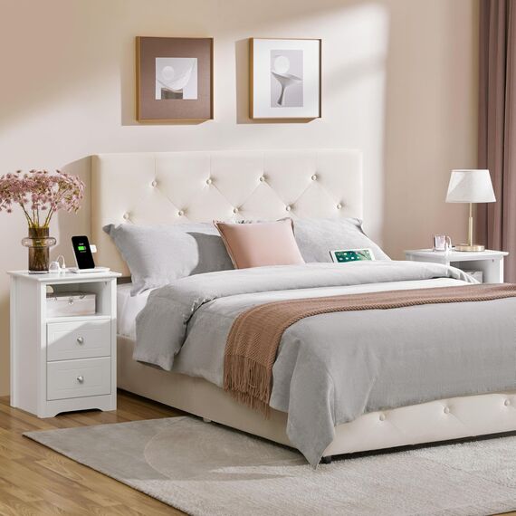 Yaheetech Nachttische 2er Set Beistelltisch mit Ladestation und 2 Schubladen Moderner Nachtschrank Holz Couchtisch Sofatisch für Schlafzimmer, Wohnzimmer, Weiß