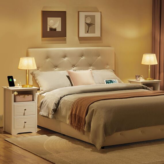 Yaheetech Nachttische 2er Set Beistelltisch mit Ladestation und 2 Schubladen Moderner Nachtschrank Holz Couchtisch Sofatisch für Schlafzimmer, Wohnzimmer, Weiß