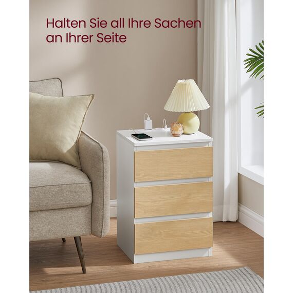 VASAGLE Kailyn Collection - Nachttisch mit Steckdosenleiste, 2er Set, Beistelltisch, 3 Schubladen, 2 AC-Steckdosen, 2 USB-A-Anschlüsse, modern, wolkenweiß-mandelgelb LET831Y01
