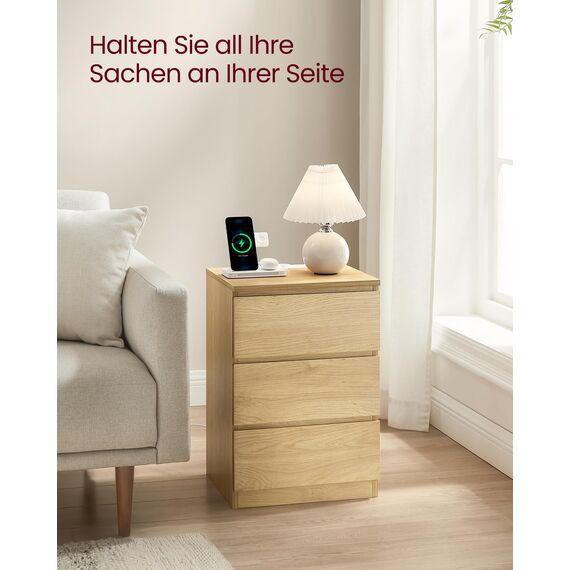 VASAGLE Kailyn Kollektion - Nachttisch mit Steckdosenleiste, 2er Set, Beistelltisch, 3 Schubladen, 2 AC-Steckdosen, 2 USB-A-Anschlüsse, modern, strohgelb LET831Y70