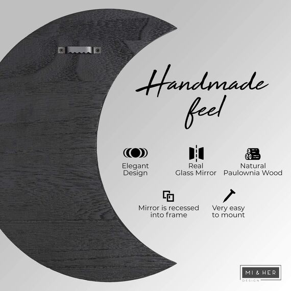 MI & HER - Mondphasen-Spiegel Set 100% Echtglas Spiegel Authentischer Paulownia-Holzrahmen Premium Qualität Mond Wanddekoration für Böhmische Wohnkultur Inklusive Hardware Einfache Montage (Schwarz)