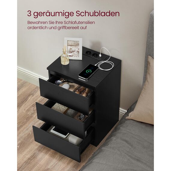 VASAGLE Kailyn Kollektion - Nachttisch mit Steckdosenleiste, 2er Set, Beistelltisch, 3 Schubladen, 2 AC-Steckdosen, 2 USB-A-Anschlüsse, modern, ebenholzschwarz LET831B56